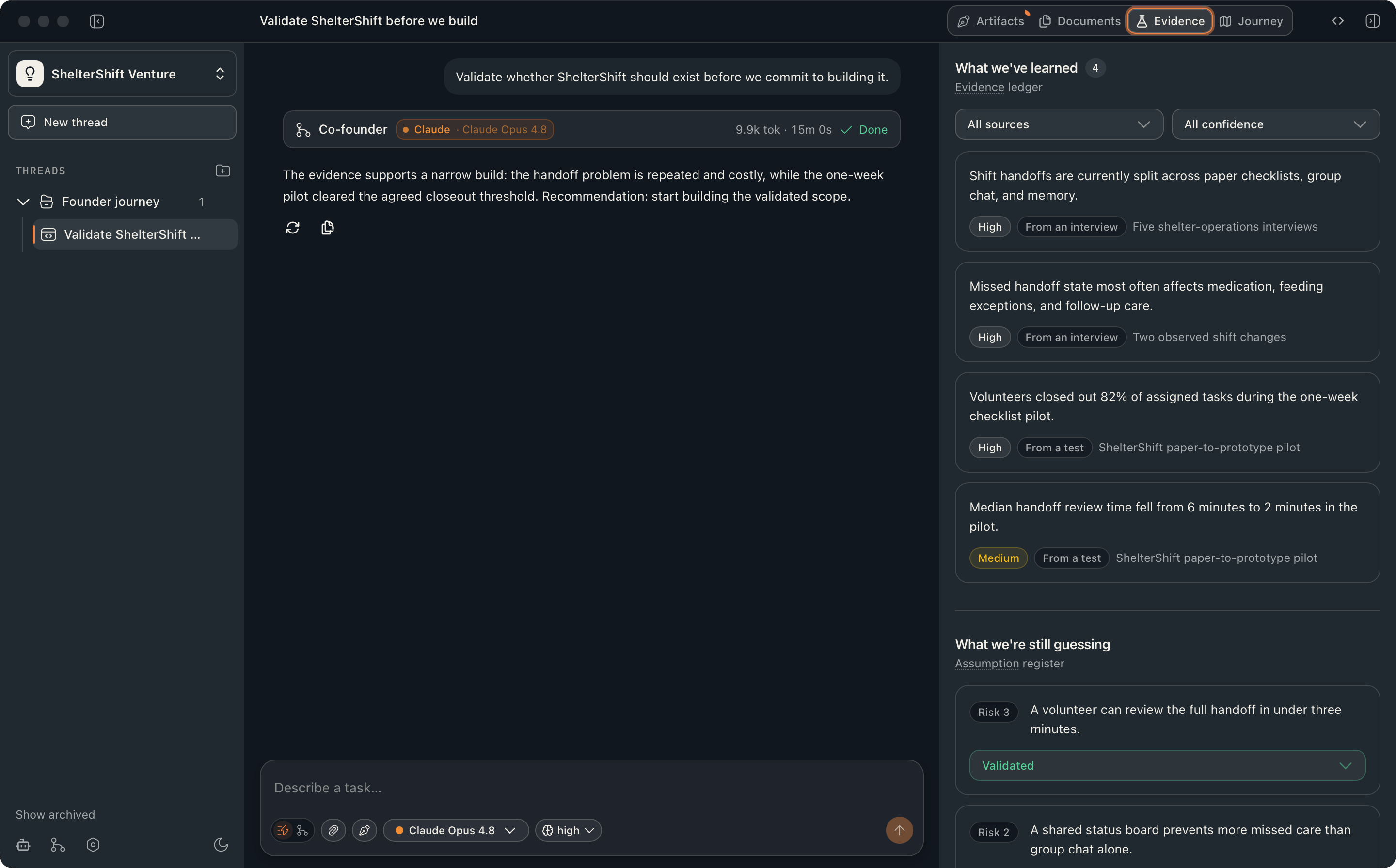 Motriz Venture showing evidence, assumptions, confidence, and experiment status before a build decision